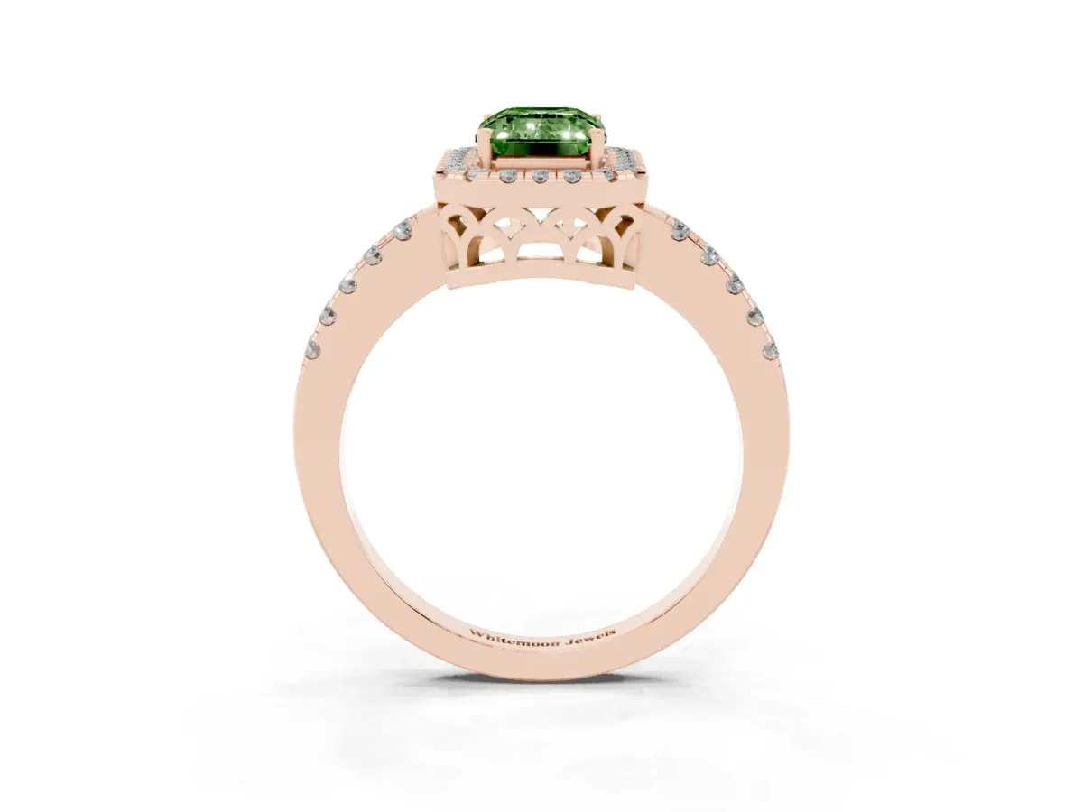 Fancy Green Emerald Cut Halo Diamond Engagement Ring with Pavé Band and Four-Prong Setting Rose gold