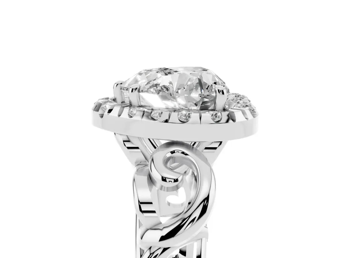 Heart Cut Cut Halo Diamond Ring with Scrollwork Band and Four-Prong Setting Platinum