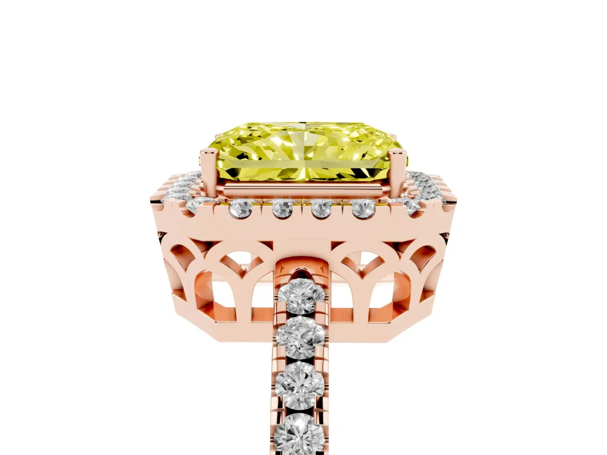 Fancy Yellow Radiant Cut Halo Diamond Engagement Ring with Pavé Band and Four-Prong Setting Rose gold