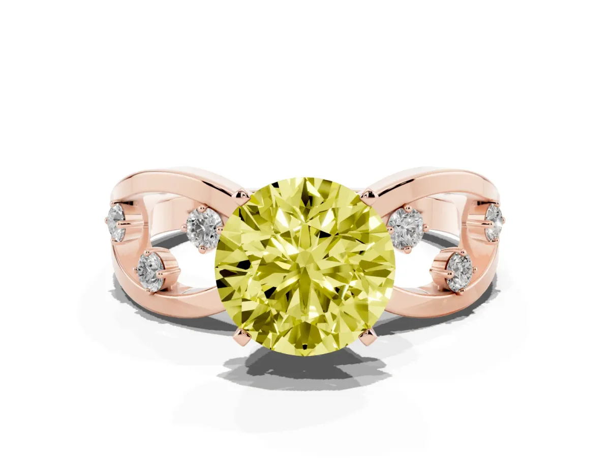 Fancy Yellow Round Cut Cut Solitaire Diamond with Side Stones on Criss-Cross Band and Four-Prong Setting Rose gold