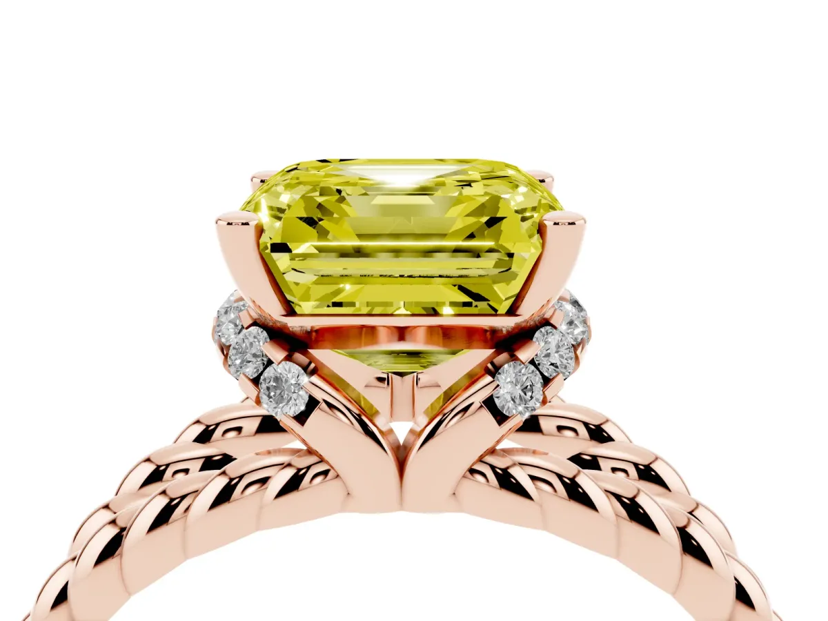 Fancy Yellow Asscher Cut Halo Twisted Band Four-Prong Ring Rose gold