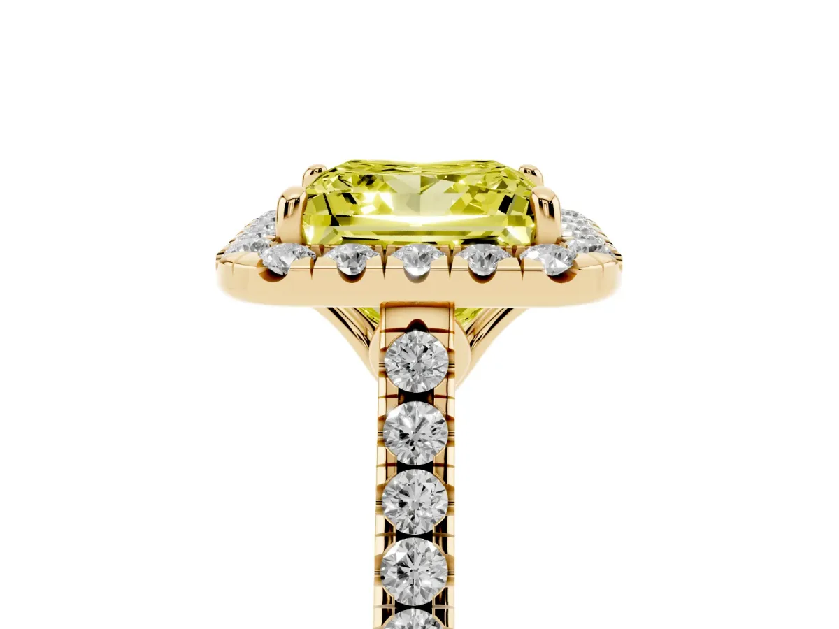 Fancy Yellow Princess Cut Halo Pavé Diamond Engagement Ring with Four-Prong Setting Yellow gold