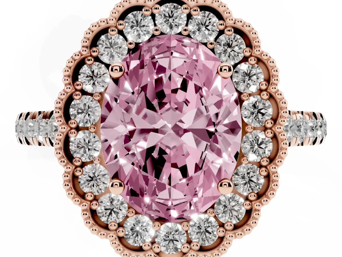 Fancy Pink Oval Cut Cut Diamond Milgrain Floral Halo Engagement Ring with Pavé Band Rose gold