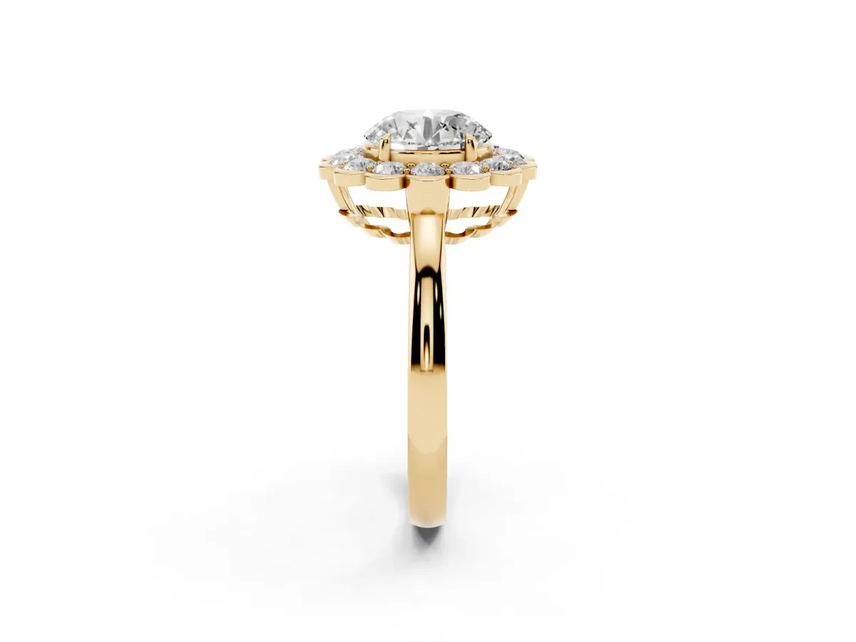 Round Cut Halo Cluster Diamond Engagement Ring with Solitaire Band and Prong Setting Yellow gold