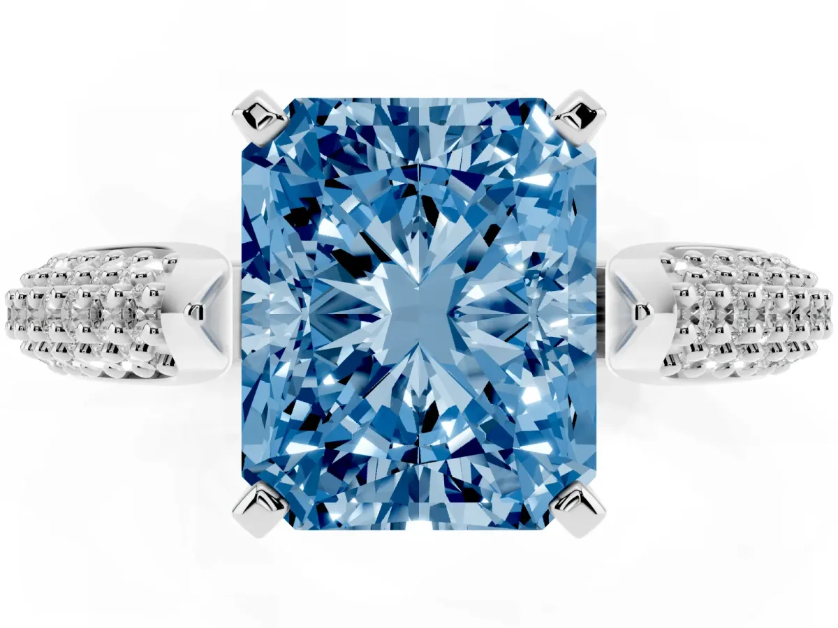 Fancy Blue Radiant Cut Diamond Solitaire Engagement Ring with Multi-Row Round Pavé Band and Prong Setting White gold