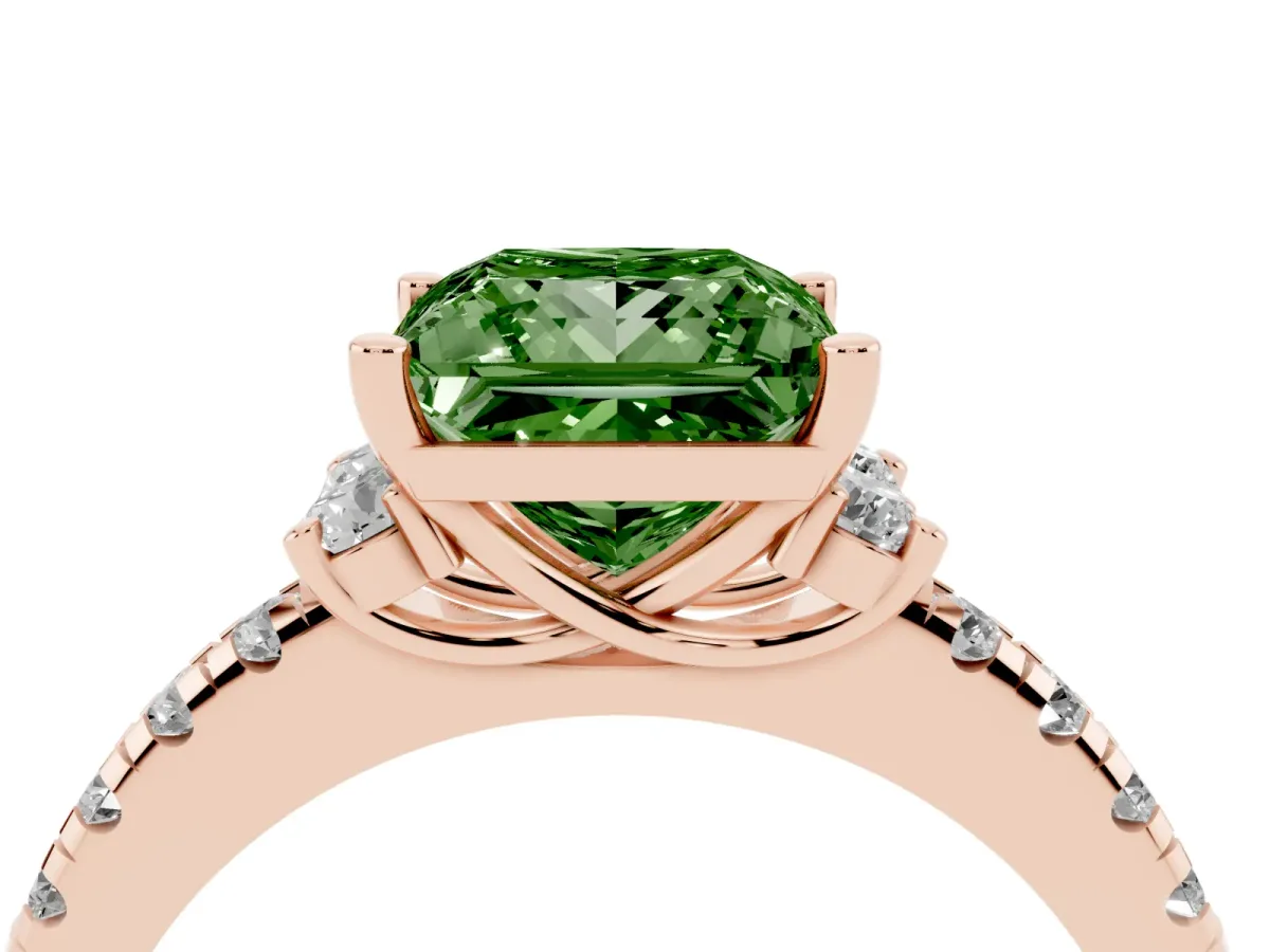 Fancy Green Princess Cut Diamond Three-Stone Pave Band with Four-Prong Setting Rose gold