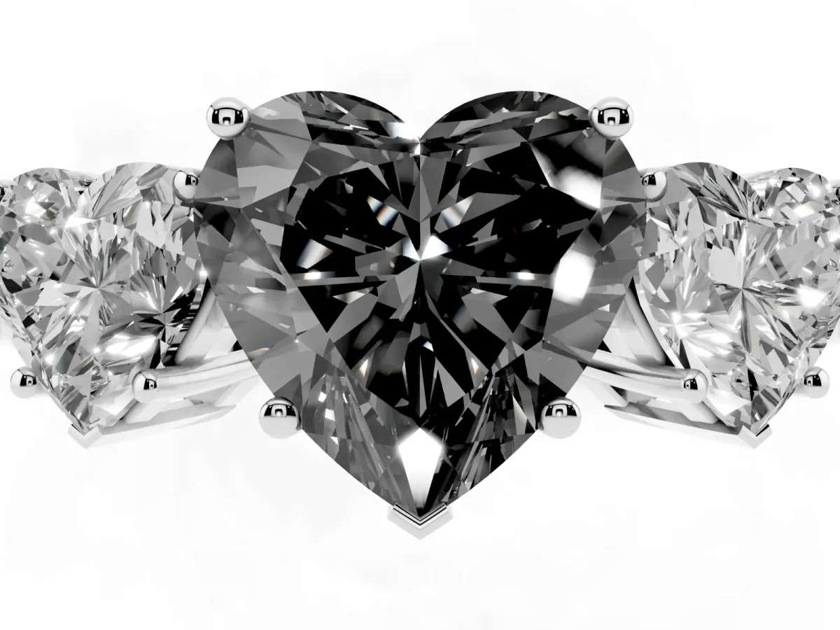 Fancy Black Three-Stone Heart Cut Cut Diamond Engagement Ring with Flat Band and Four-Prong Setting Silver