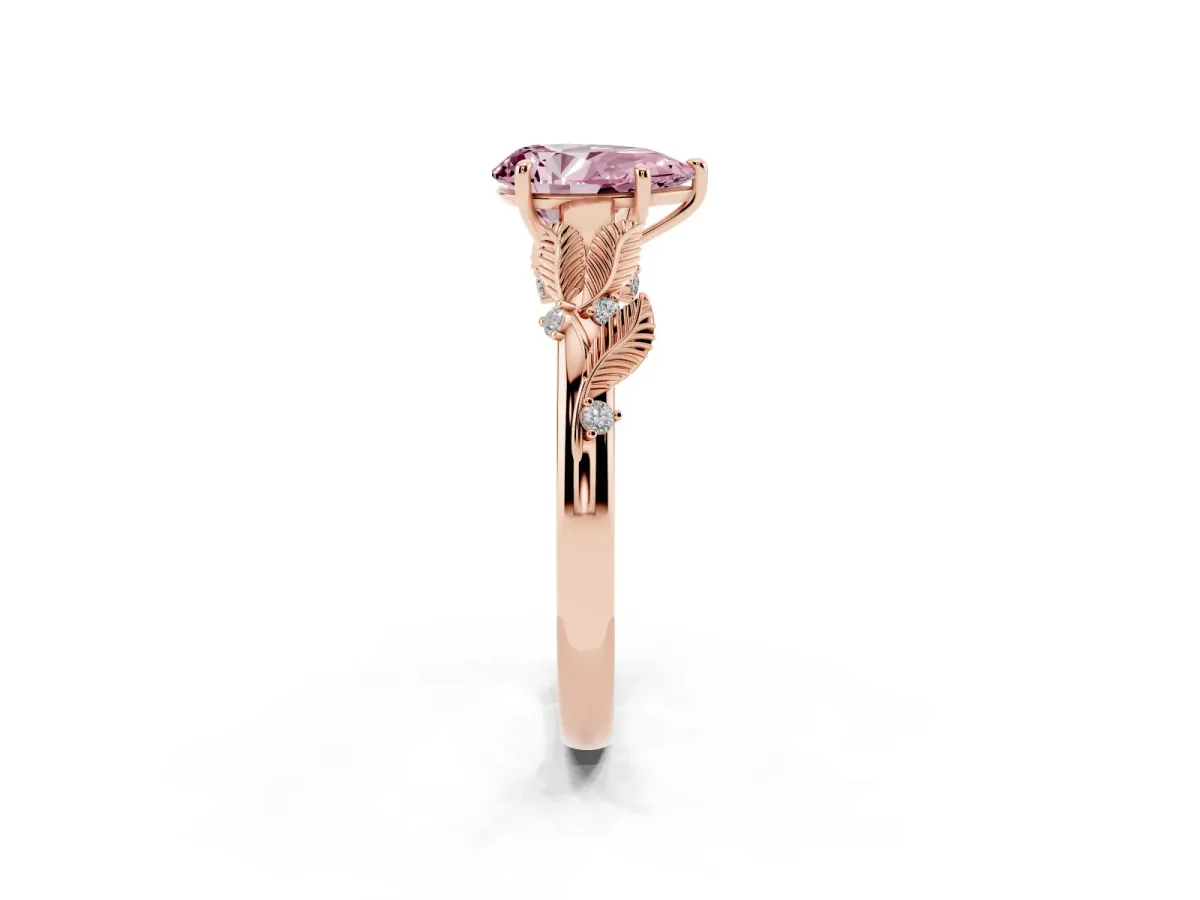 Fancy Pink Pear Cut Diamond Solitaire Ring with Leaf Motif Band and Four-Prong Setting Rose gold