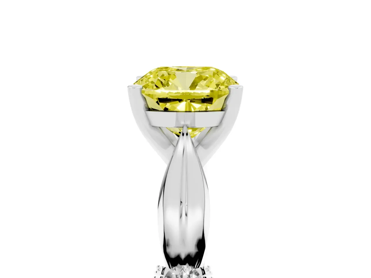 Fancy Yellow Cushion Cut Solitaire Diamond Twisted Band with Four-Prong Setting Silver