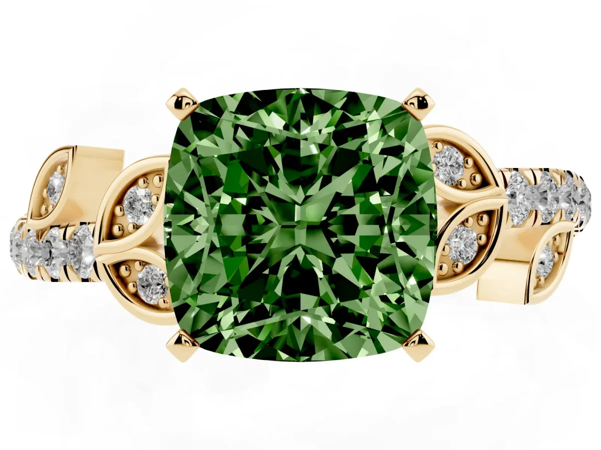 Fancy Green Cushion Cut Solitaire Leaf-Inspired Diamond Ring with Pavé Band and Four-Prong Setting Yellow gold