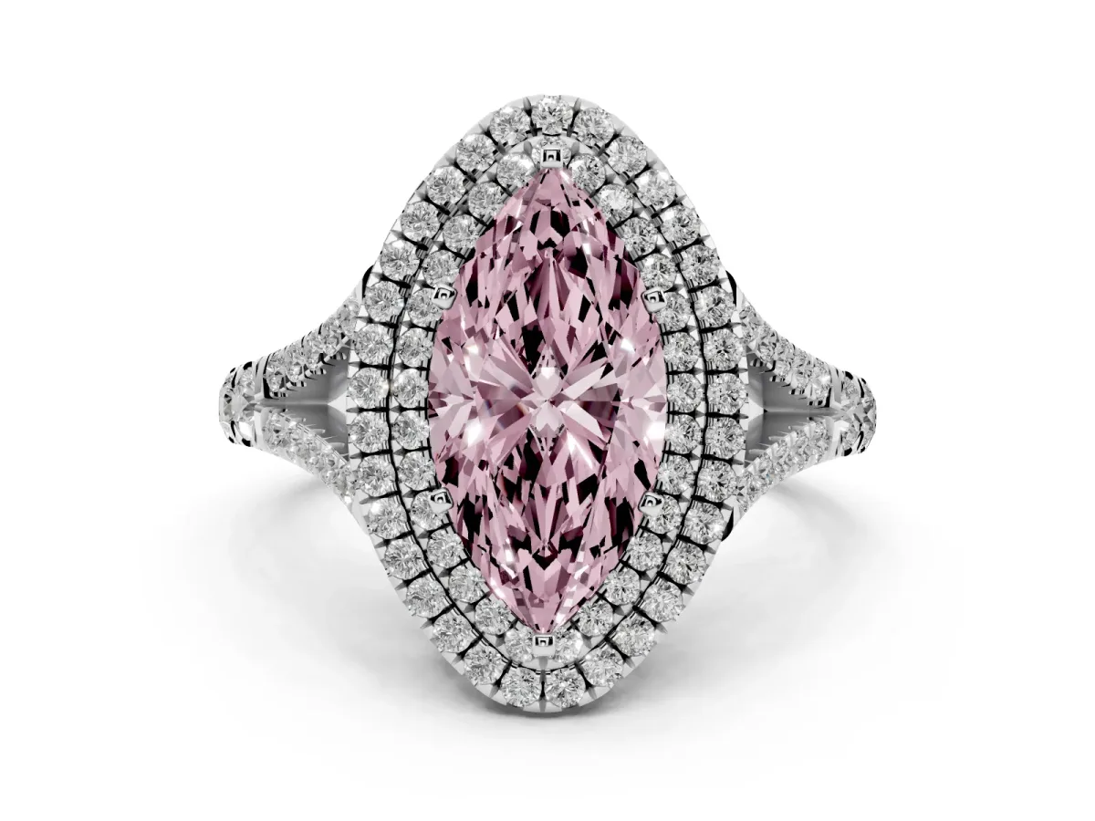 Fancy Pink Marquise Cut Cut Double Halo Split Shank Diamond Ring with Prong Setting Silver