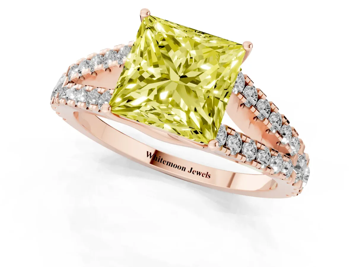 Fancy Yellow Princess Cut Diamond Split Shank Engagement Ring with Round Pavé and Prong Setting Rose gold