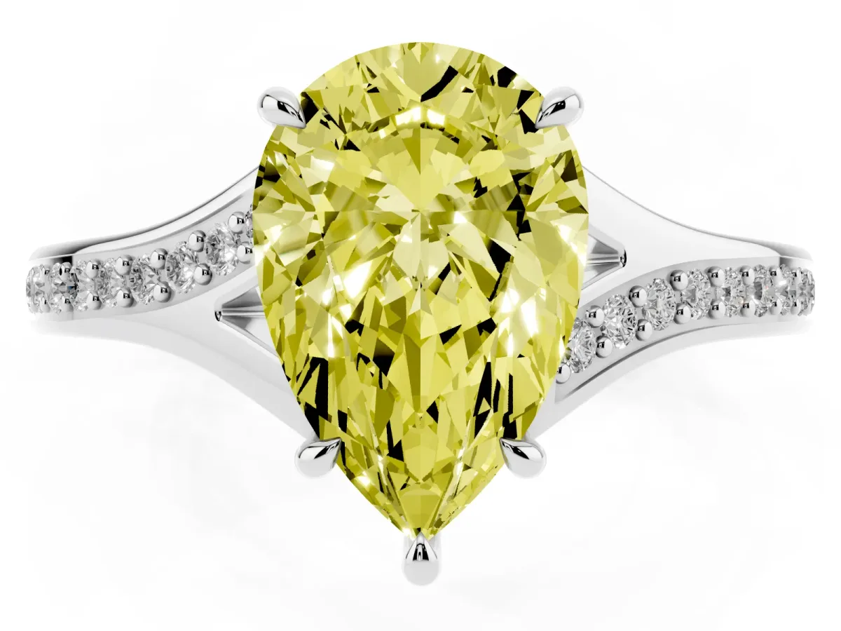 Fancy Yellow Pear Cut Diamond Solitaire Ring with Pavé Band and Prong Setting Silver