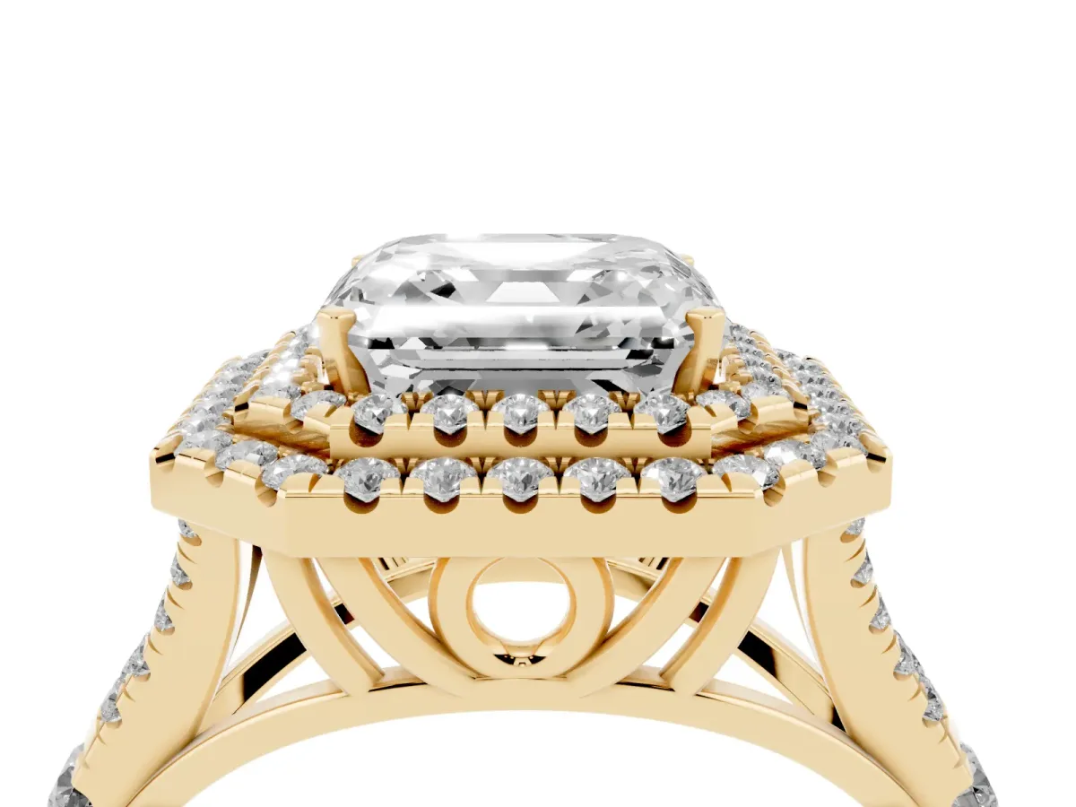 Asscher Cut Diamond Pavé Split Shank Double Halo Engagement Ring Yellow gold