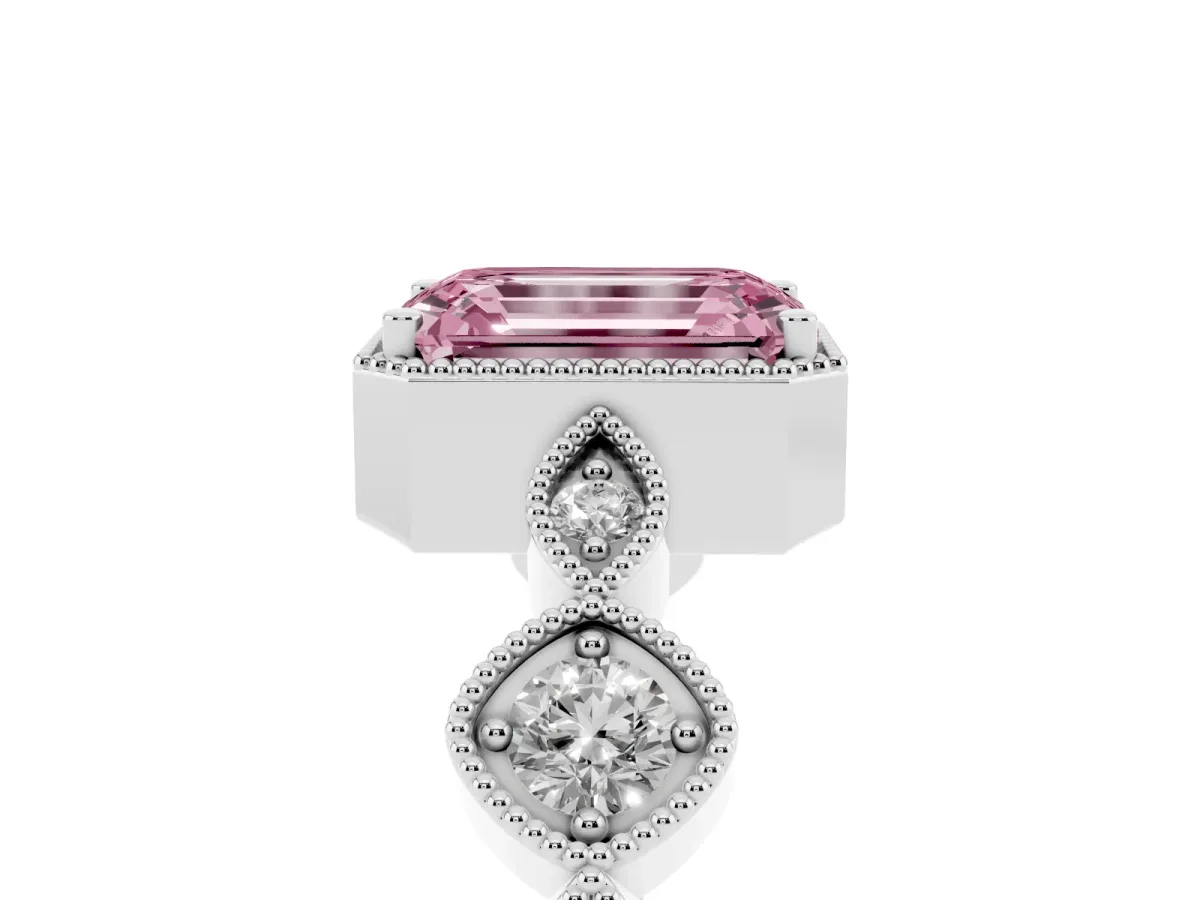 Fancy Pink Emerald Cut Diamond Vintage Milgrain Ring with Round Stations Silver