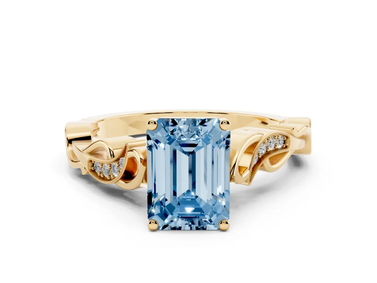Fancy Blue Emerald Cut Solitaire Vine Band with Milgrain Prong Setting Yellow gold
