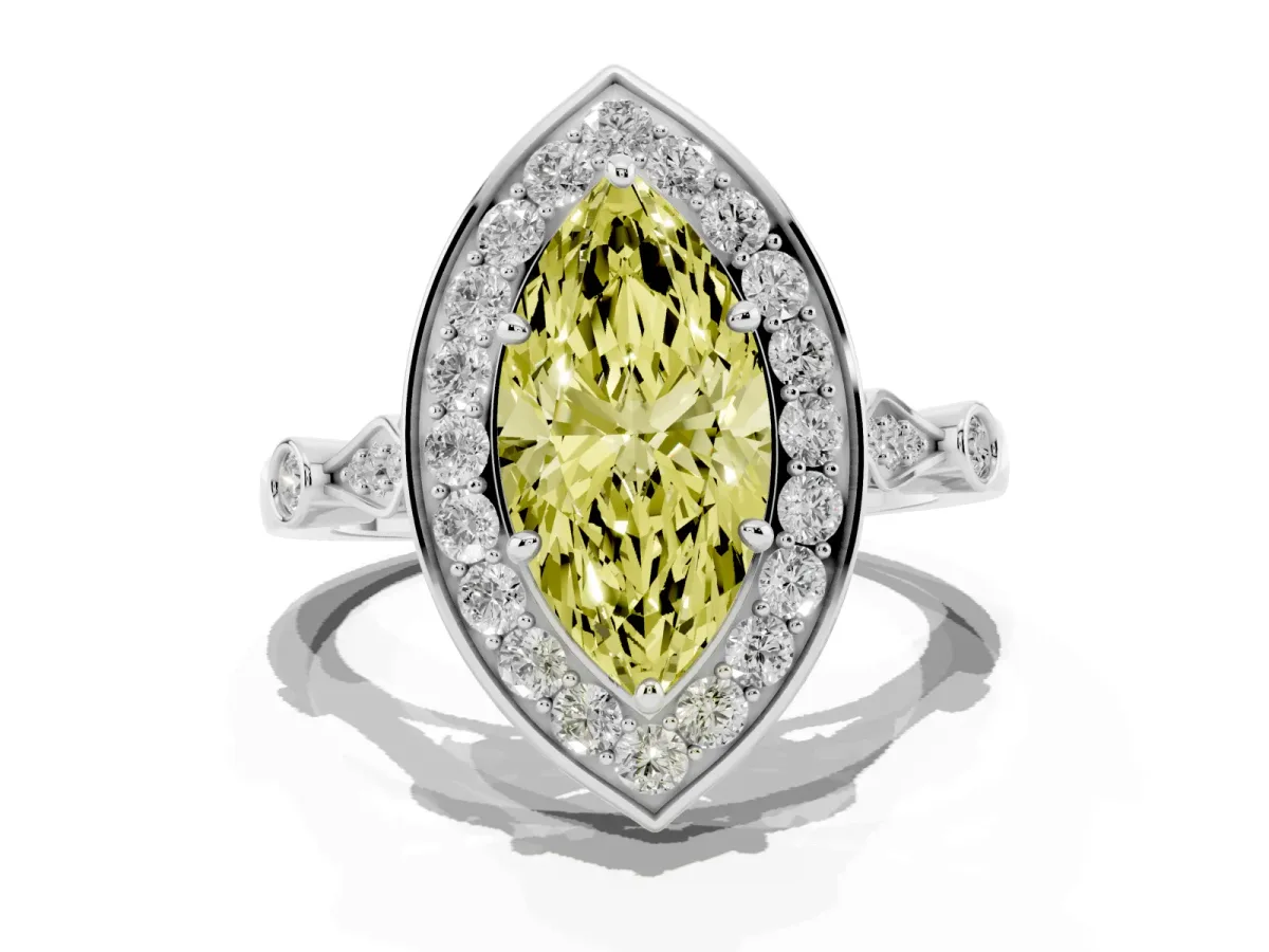Fancy Yellow Marquise Cut Halo Diamond Engagement Ring with Twisted Band and Four-Prong Setting Silver