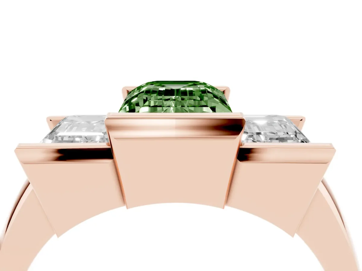 Fancy Green Three Stone Emerald Cut Cut Channel Set Diamond Ring Rose gold