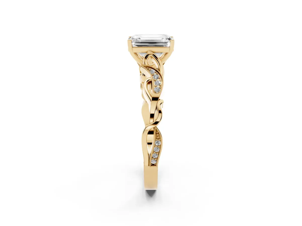 Emerald Cut Solitaire Vine Band with Milgrain Prong Setting Yellow gold