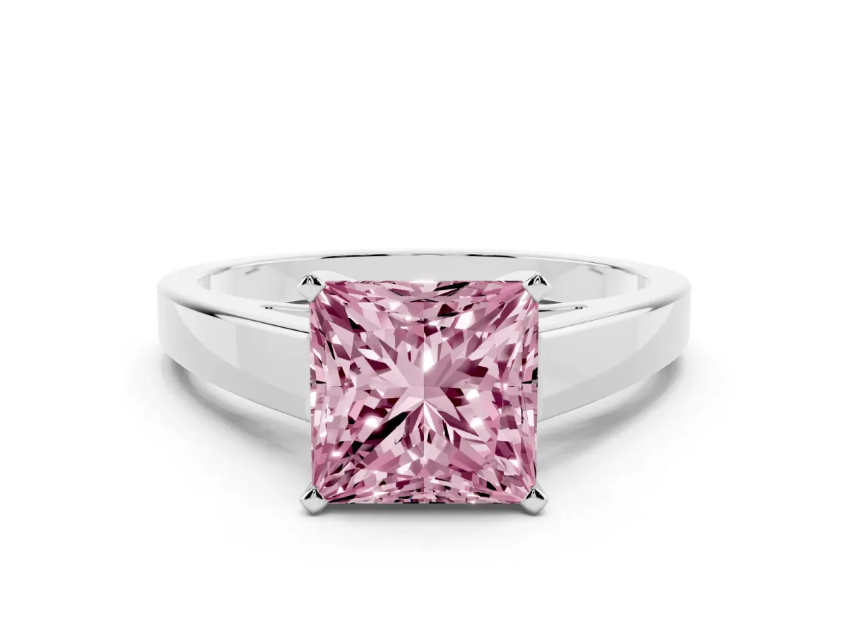 Fancy Pink Princess Cut Solitaire Engagement Ring with Four-Prong Setting and Tapered Band Platinum