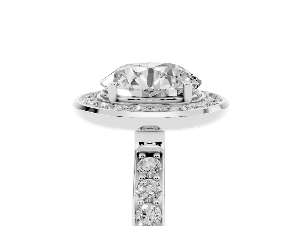 Round Cut Diamond Halo Ring with Bezel Frame and Pavé Band Platinum