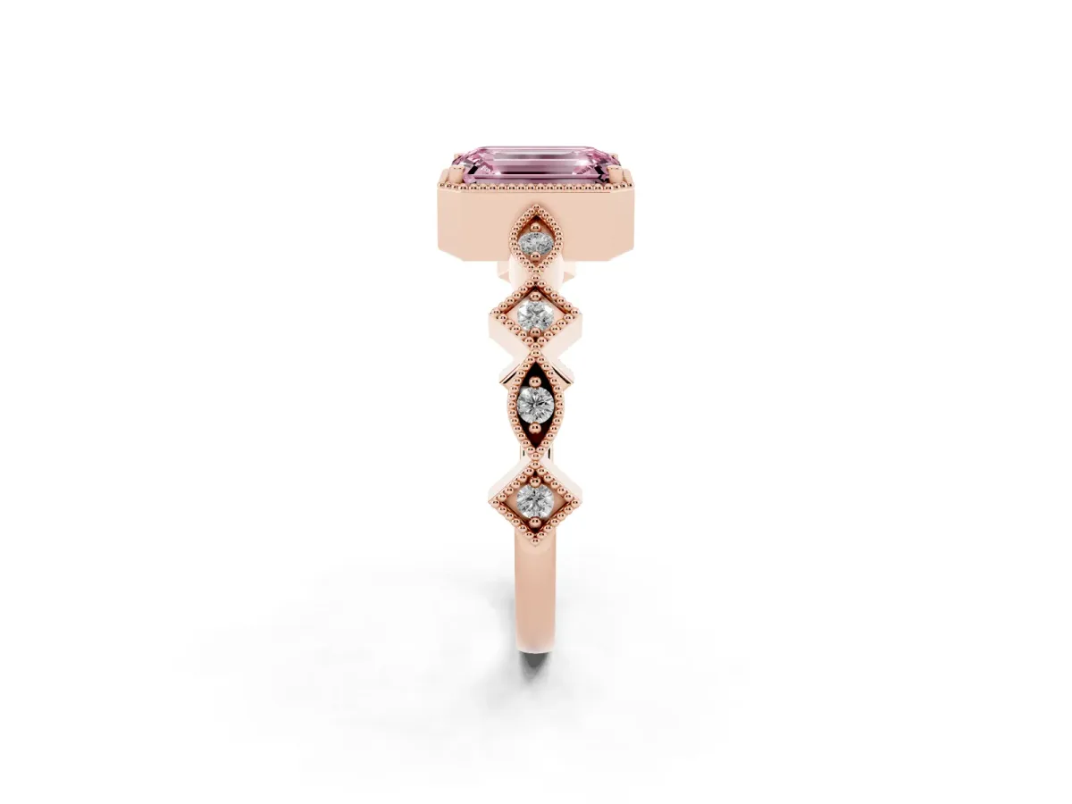 Fancy Pink Emerald Cut Milgrain Marquise Diamond Twist Band Ring Rose gold