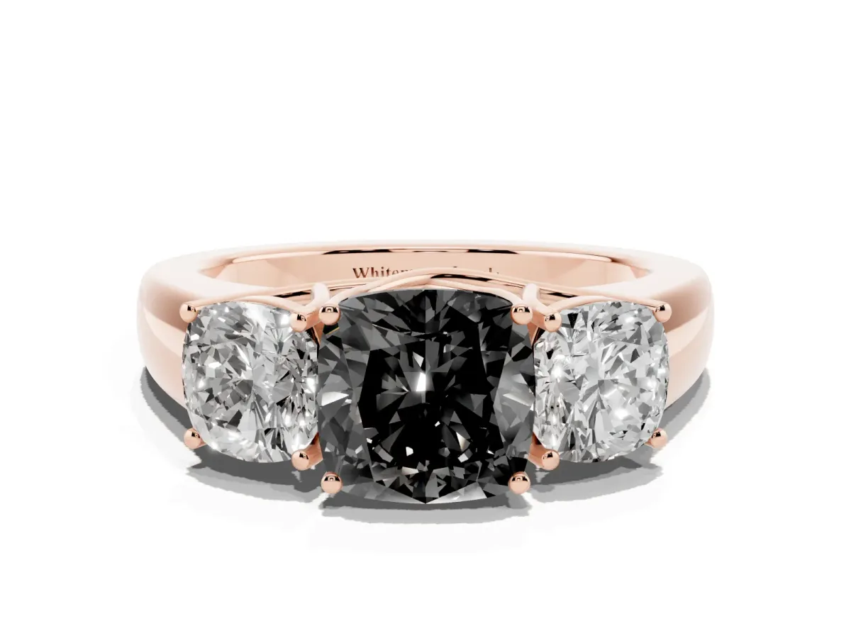 Fancy Black Three-Stone Cushion Cut Cut Diamond Ring with Prong Setting and Classic Band Rose gold