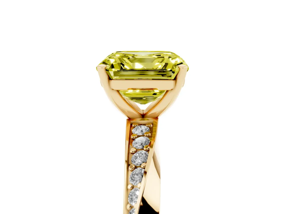 Fancy Yellow Asscher Cut Diamond Engagement Ring with Side Stone Accents and Four-Prong Setting Yellow gold