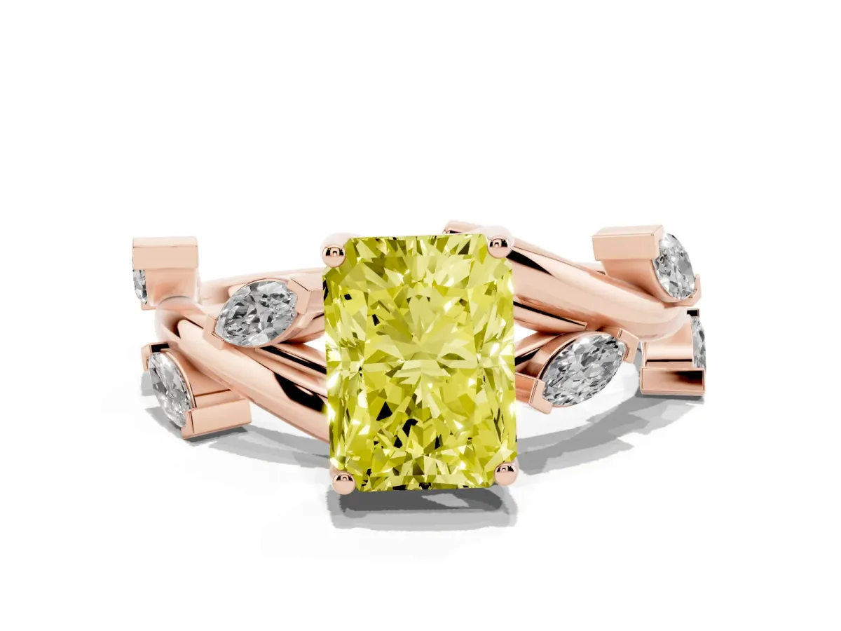 Fancy Yellow Radiant Cut Solitaire Twisted Band Marquise Accent Prong Setting Ring Rose gold