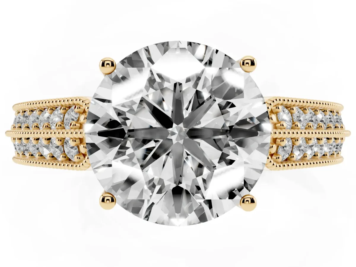 Round Cut Cut Pave Split Shank Engagement Ring with Four-Prong Setting Yellow gold
