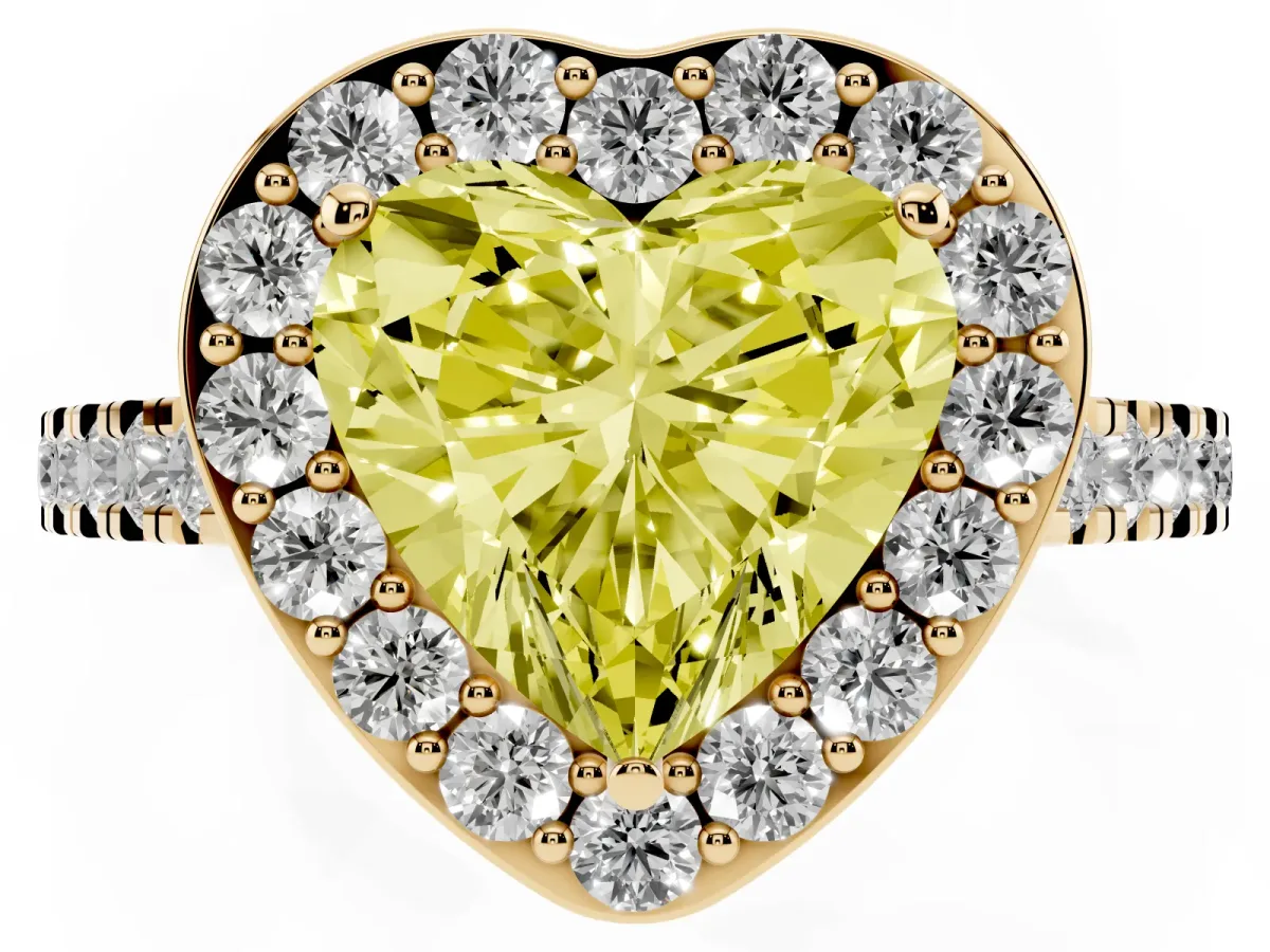 Fancy Yellow Heart Cut Diamond Halo Ring with Round Pavé Split Shank and Prong Setting Yellow gold