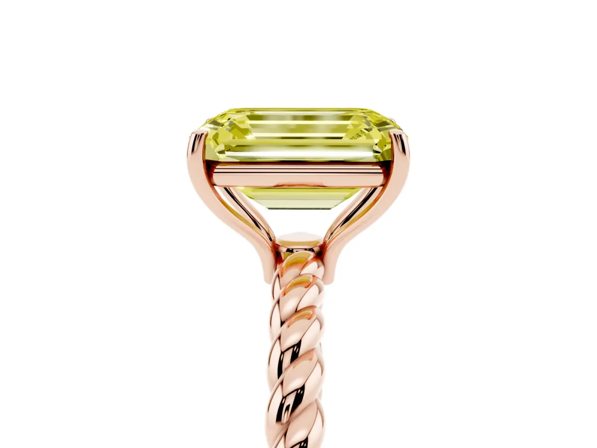 Fancy Yellow Emerald Cut Solitaire Twist Band Ring with Four-Prong Setting Rose gold
