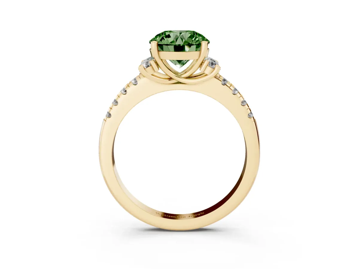 Fancy Green Round Cut Diamond Three-Stone Pave Band with Four-Prong Setting Yellow gold
