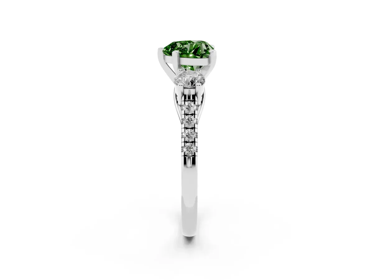 Fancy Green Three-Stone Heart Cut Diamond Pavé Band with Four-Prong Setting Silver