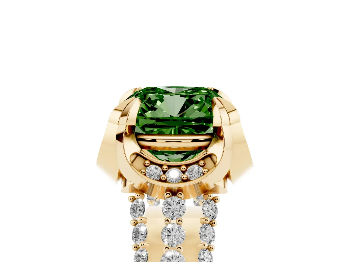 Fancy Green Cushion Cut Solitaire Pave Split Shank Ring with Four-Prong Setting Yellow gold