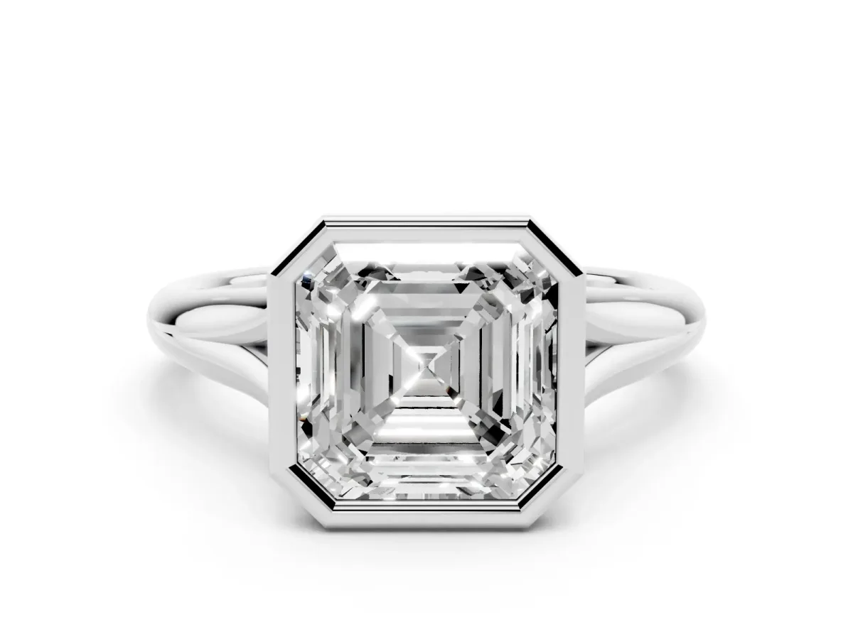 Bezel Set Asscher Cut Solitaire Diamond Ring with Smooth Band White gold