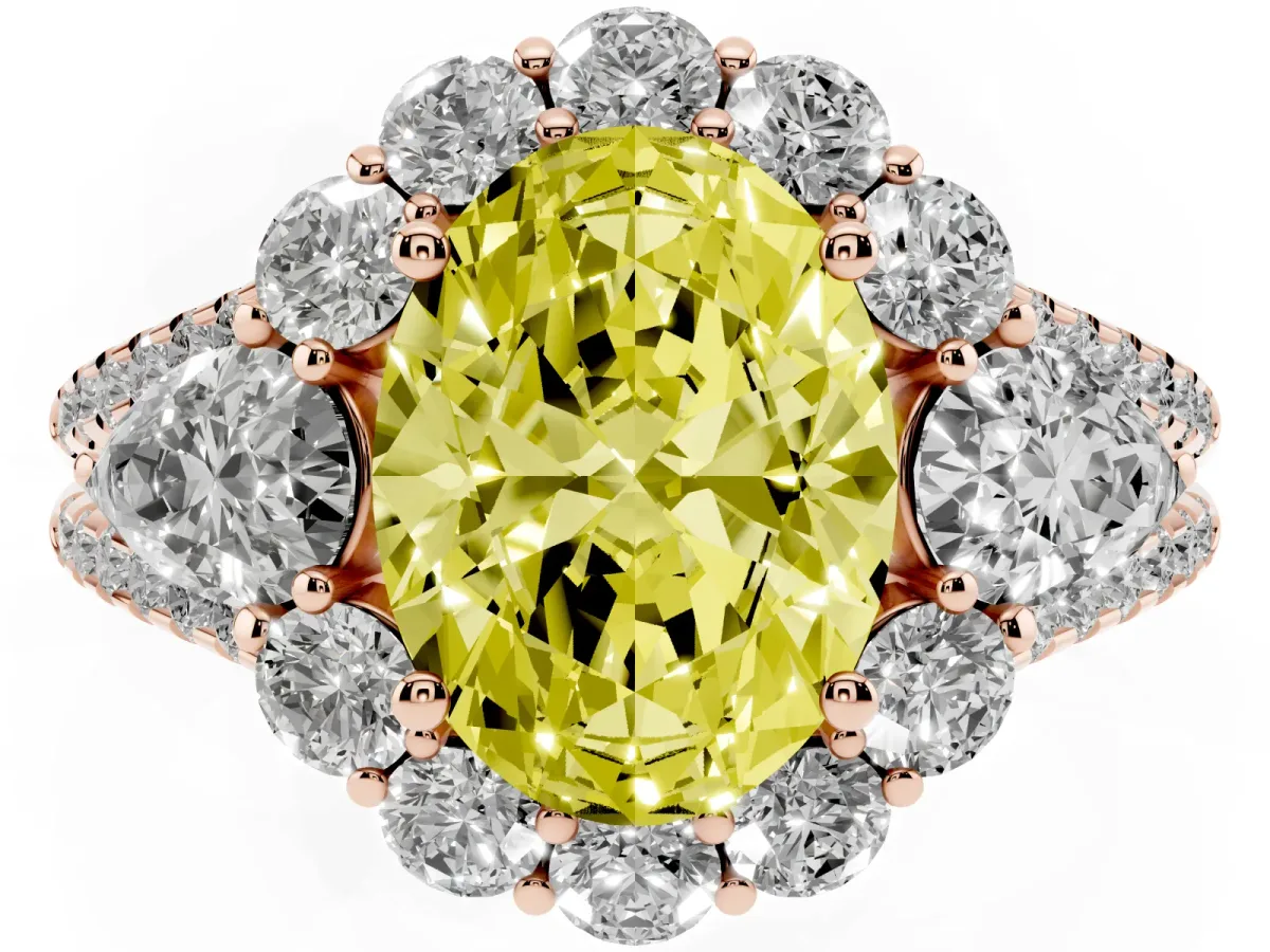Fancy Yellow Oval Cut Halo Split Shank Diamond Engagement Ring with Prong Setting Rose gold