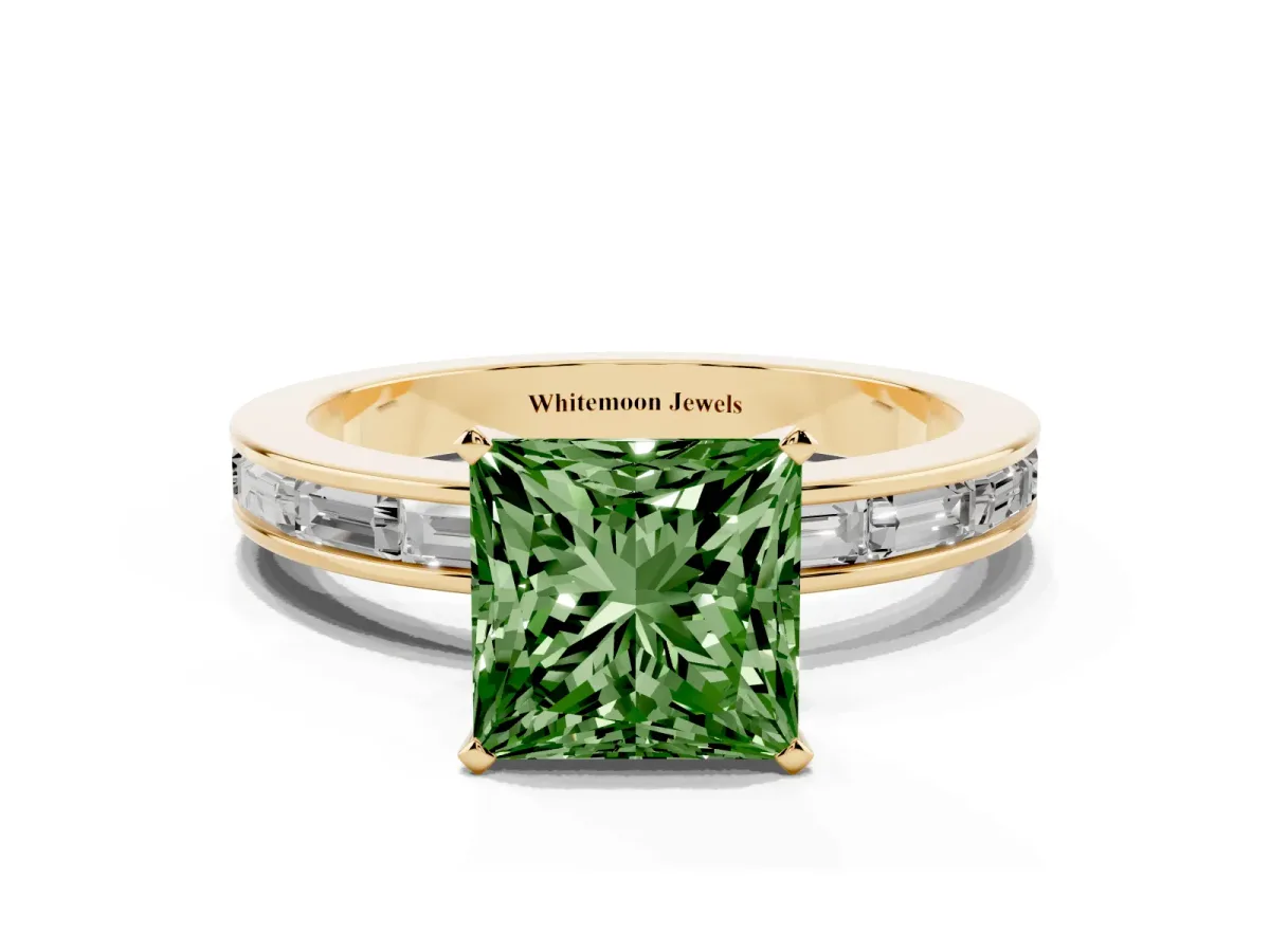 Fancy Green Princess Cut Solitaire Diamond Ring with Channel-Set Baguette Band and Four-Prong Setting Yellow gold