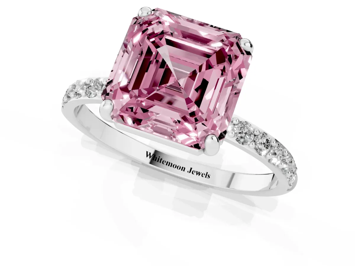 Fancy Pink Asscher Cut Diamond Solitaire Ring with Round Pavé Band and Prong Setting Silver