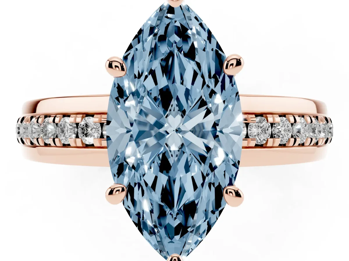Fancy Blue Marquise Cut Solitaire Diamond Ring with Channel Set Band and Six-Prong Setting Rose gold