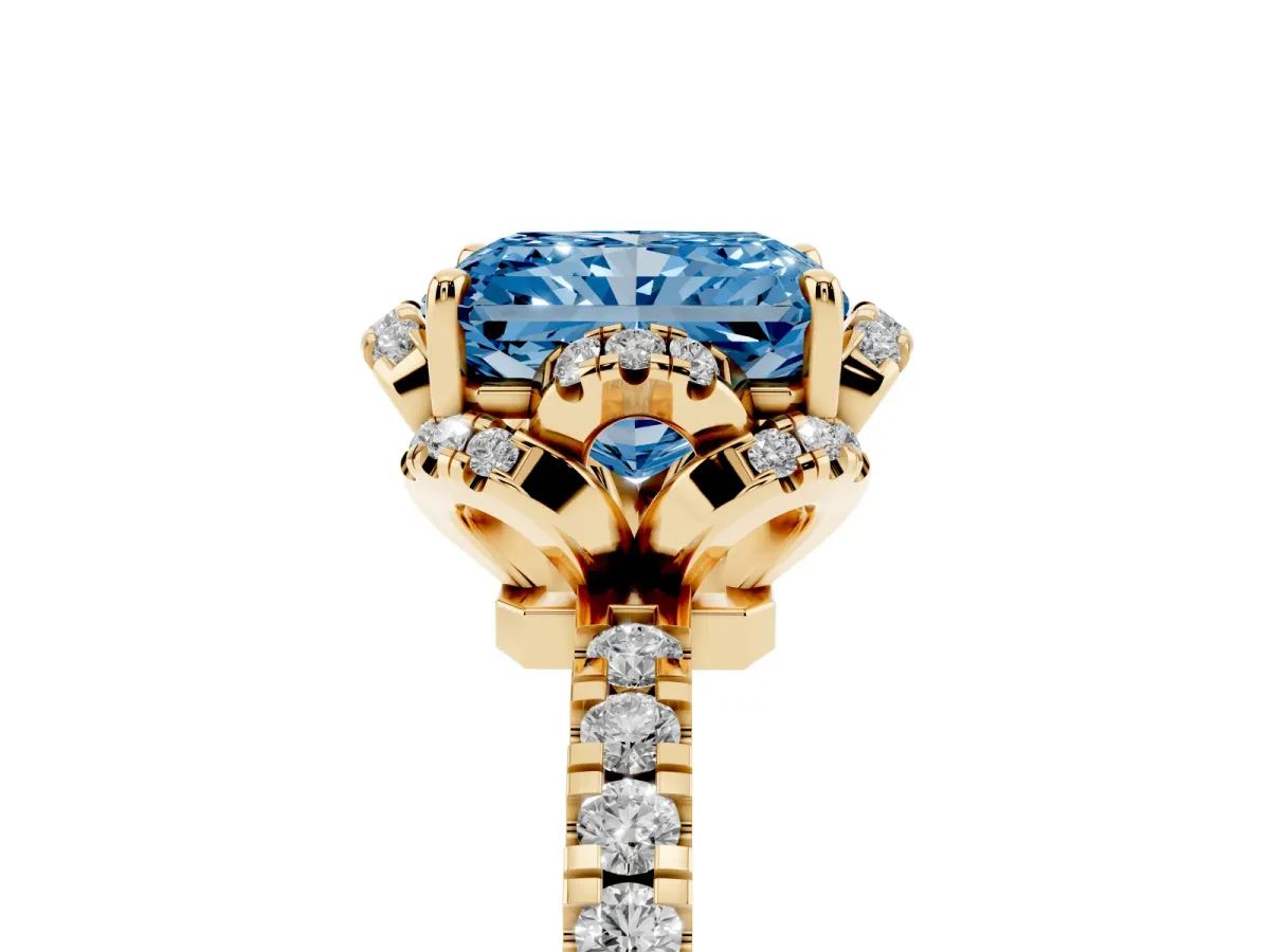 Fancy Blue Radiant Cut Diamond Halo Pave Band with Four-Prong Setting Yellow gold