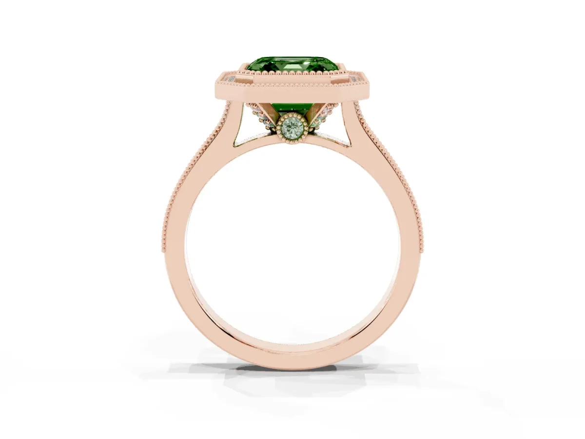 Fancy Green Halo Asscher Cut-Cut Diamond Pave Band Milgrain Prong Setting Ring Rose gold