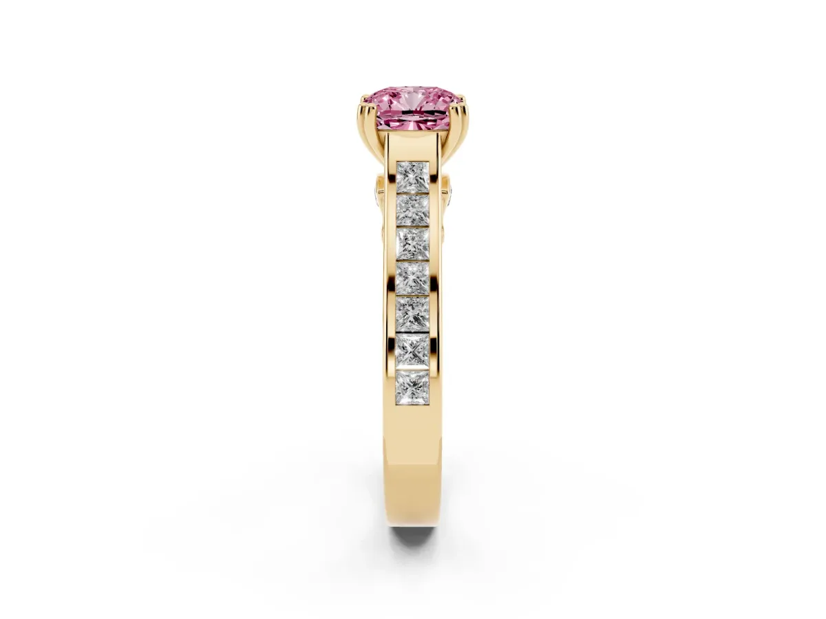 Fancy Pink Cushion Cut Cut Channel Set Solitaire Engagement Ring with Prong Setting Yellow gold