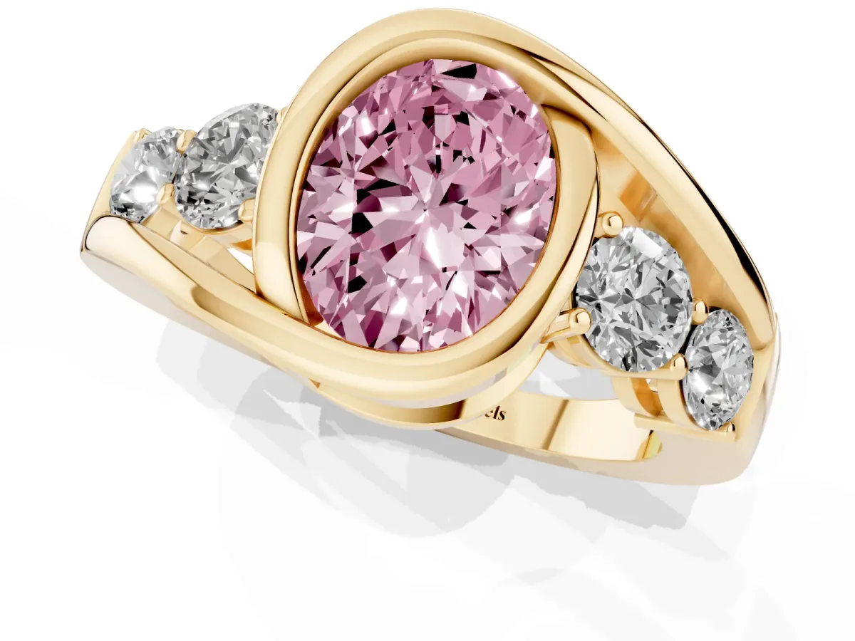 Fancy Pink Bezel Set Oval Cut Diamond Bypass Ring with Round Accents Yellow gold