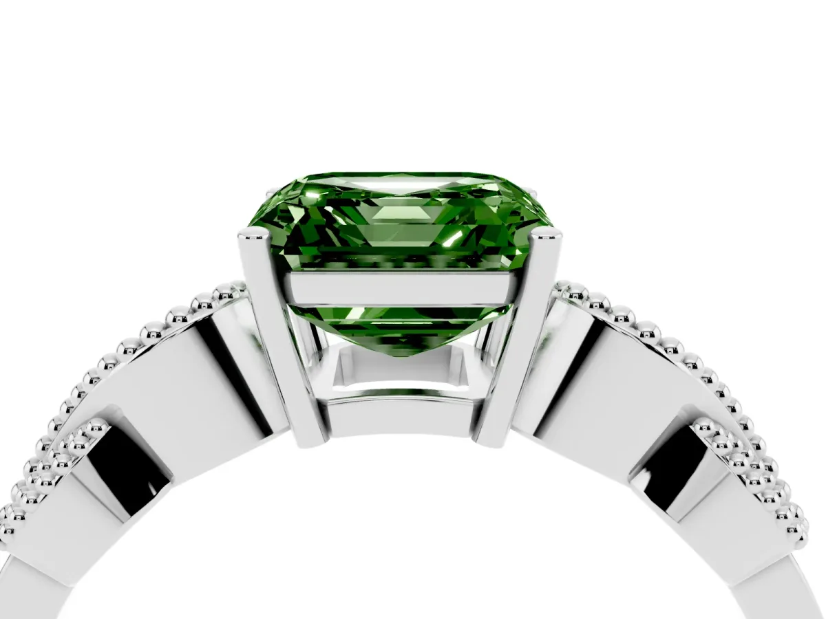Fancy Green Asscher Cut Solitaire Milgrain Leaf Band with Prong Setting Platinum