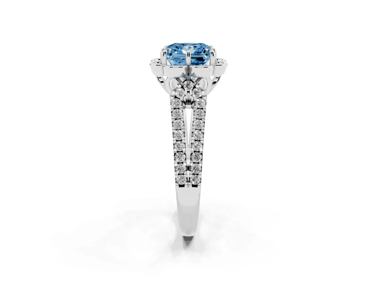 Fancy Blue Princess Cut Halo Diamond Floral Split Shank Engagement Ring Silver