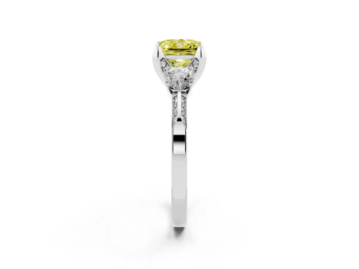 Fancy Yellow Princess Cut Brilliant Three-Stone Diamond Ring with Pavé Band and Four-Prong Setting White gold