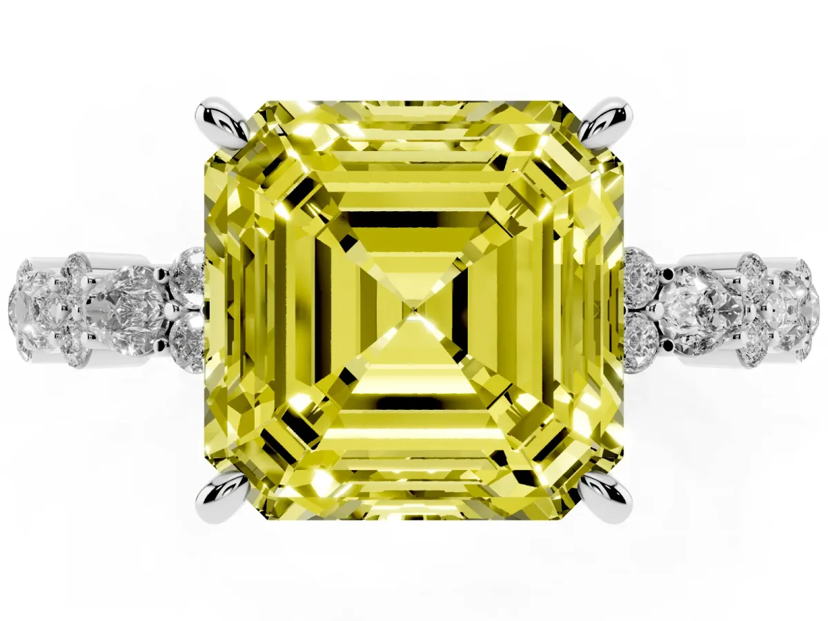 Fancy Yellow Asscher Cut Diamond Side Stone Solitaire Ring with Round and Four-Prong Setting Platinum