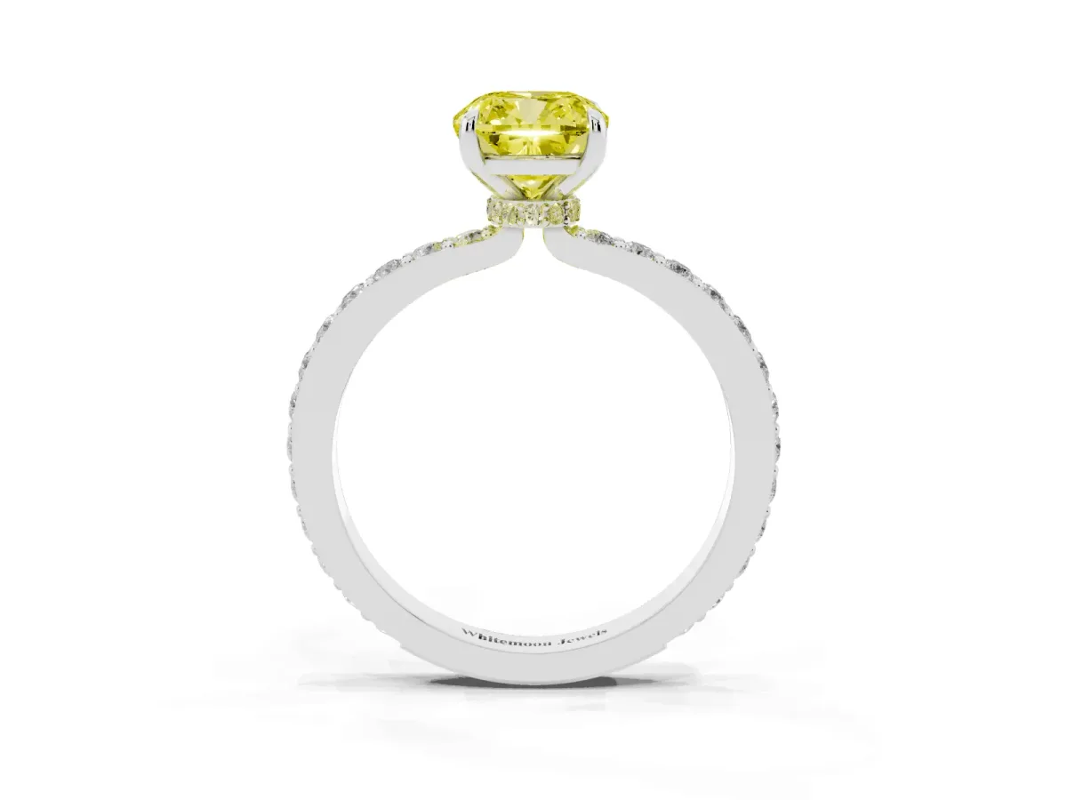 Fancy Yellow Cushion Cut Diamond Pavé Engagement Ring with Round Accents and Prong Setting Silver