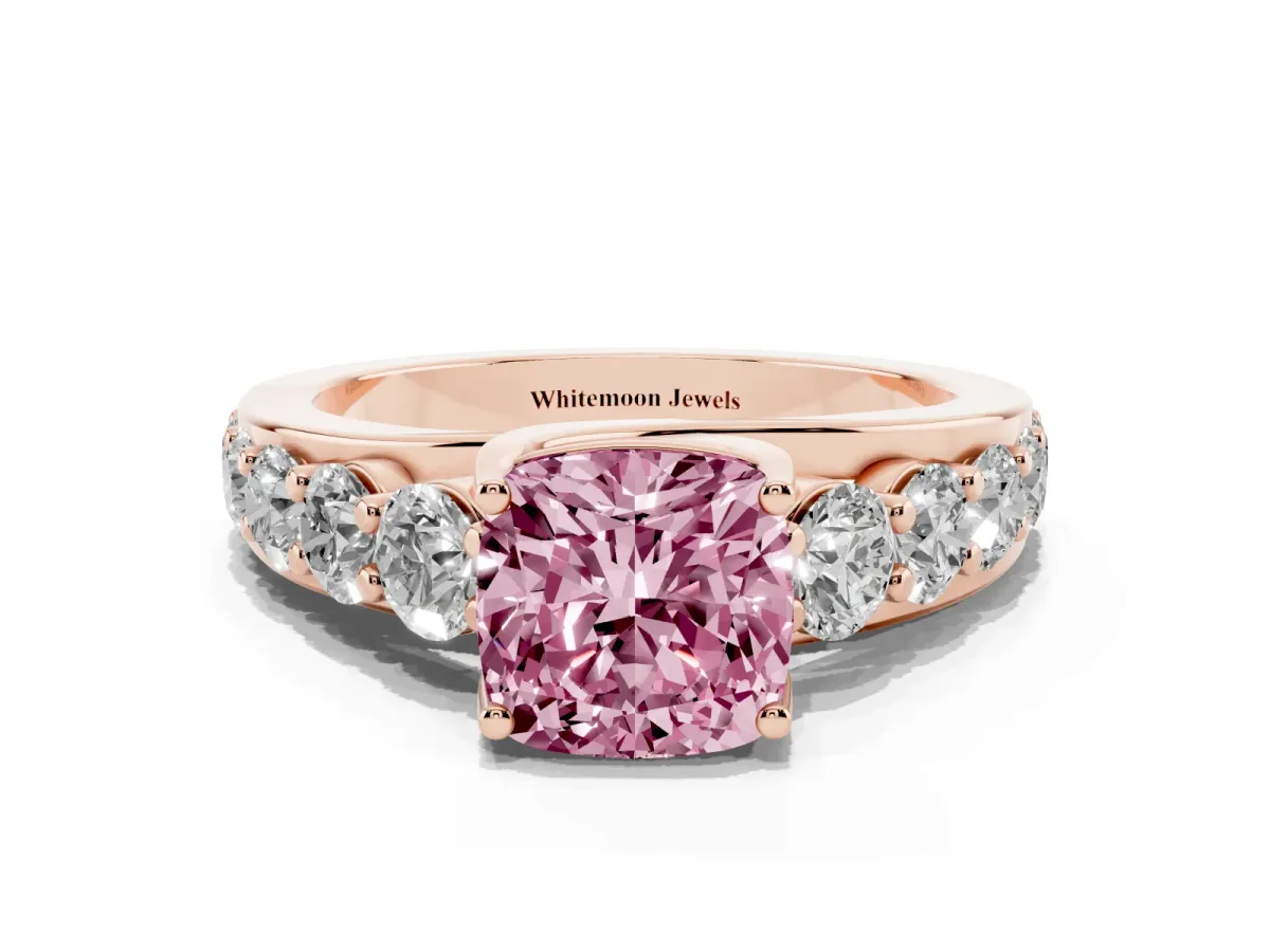 Fancy Pink Cushion Cut Diamond Engagement Ring with Pavé Band and Four-Prong Setting Rose gold